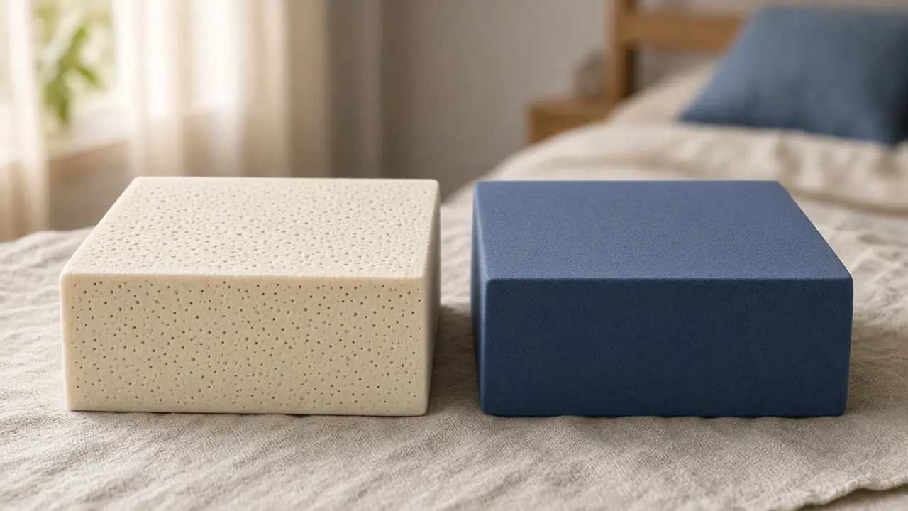 Bloc de latex natural cu perforații alături de un bloc de spumă cu memorie