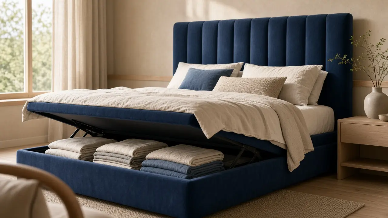 Pat tapițat cu tăblie înaltă și somieră ridicată, cu lada de depozitare deschisă